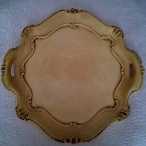 Large Vintage Italian Florentine Legno Handcrafted Yellow Wood Tray Handles 19"Ø